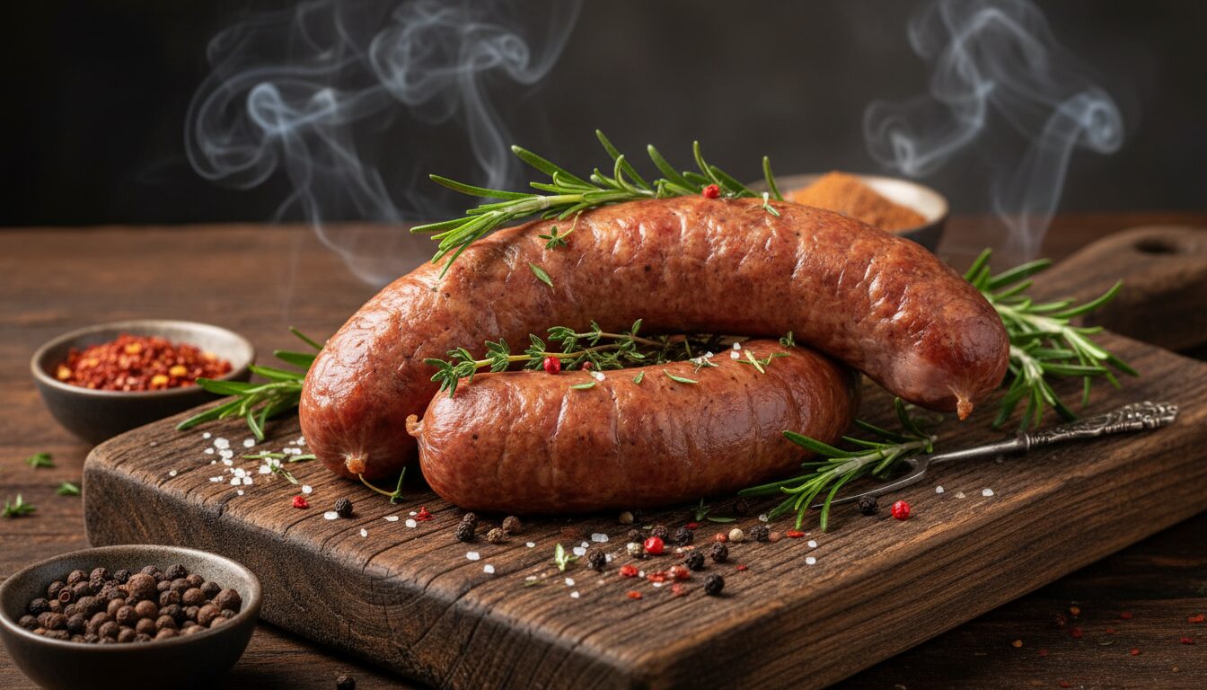 savourez l'authenticité avec notre saucisse de bœuf artisanale, préparée avec soin pour un goût unique et raffiné qui ravira vos papilles.