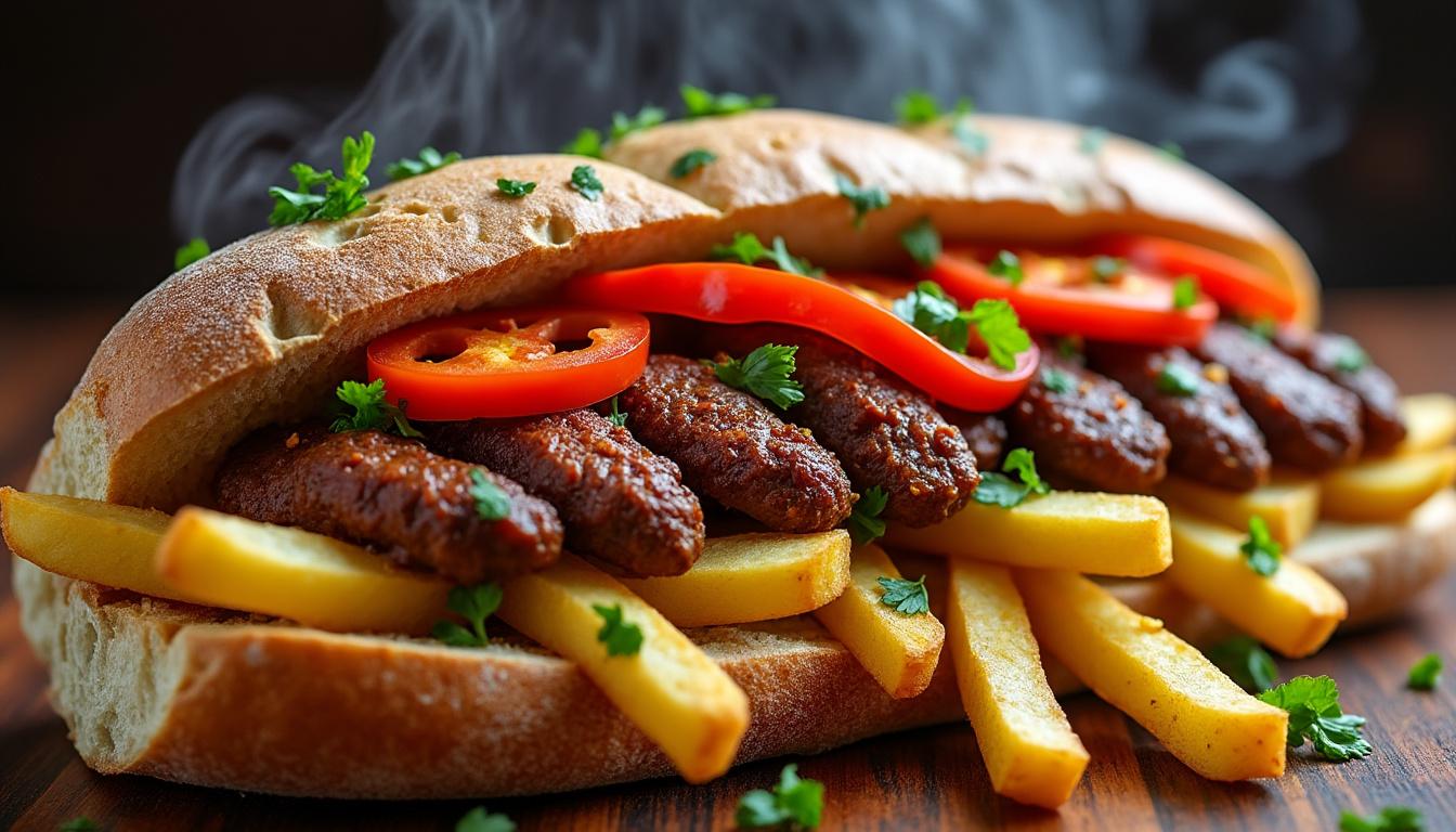 découvrez le sandwich merguez-frites, une explosion de saveurs à chaque bouchée qui ravira vos papilles avec sa combinaison parfaite de merguez épicées et de frites croustillantes.