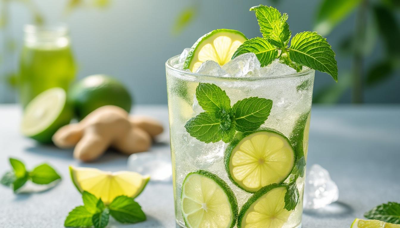découvrez notre cocktail sans alcool alliant fraîcheur du citron vert, saveur piquante du gingembre et douceur de la menthe pour un moment désaltérant et naturel.