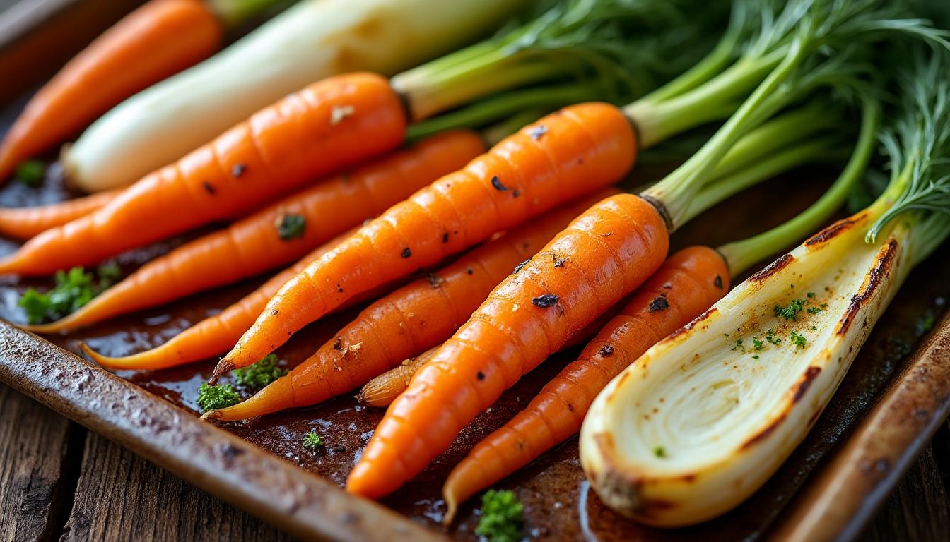 découvrez une recette savoureuse de légumes racines rôtis avec des carottes fanes, du fenouil et du panais, parfaite pour un plat plein de saveurs et de vitamines.
