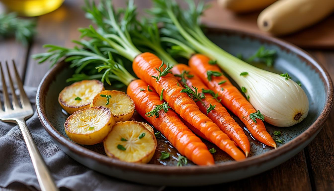 découvrez notre recette savoureuse de légumes racines rôtis, mêlant carottes fanes, fenouil et panais pour un plat riche en saveurs et couleurs.