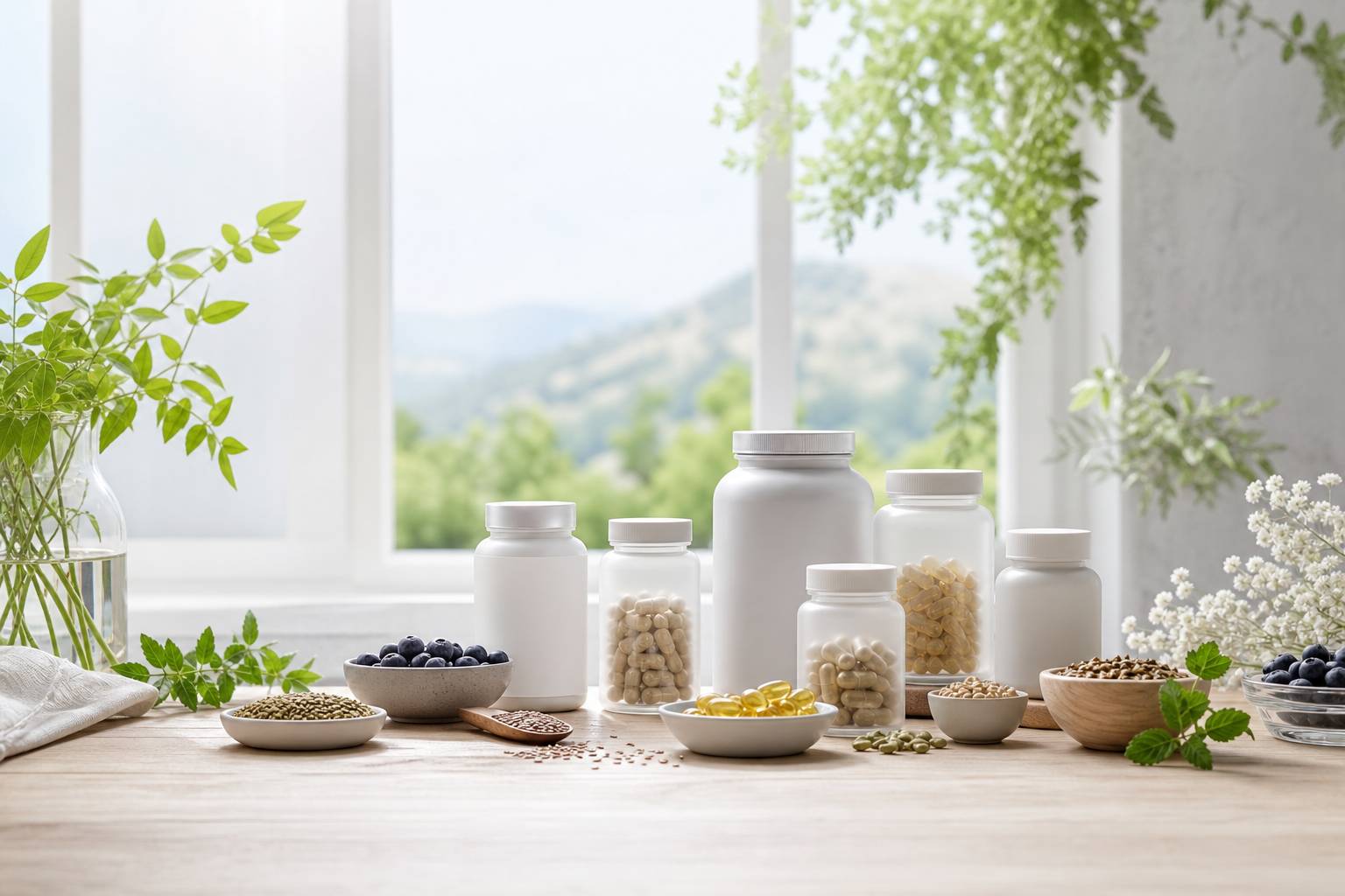 Compléments alimentaires naturels disposés sur bois clair avec baies graines et plantes séchées ambiance santé