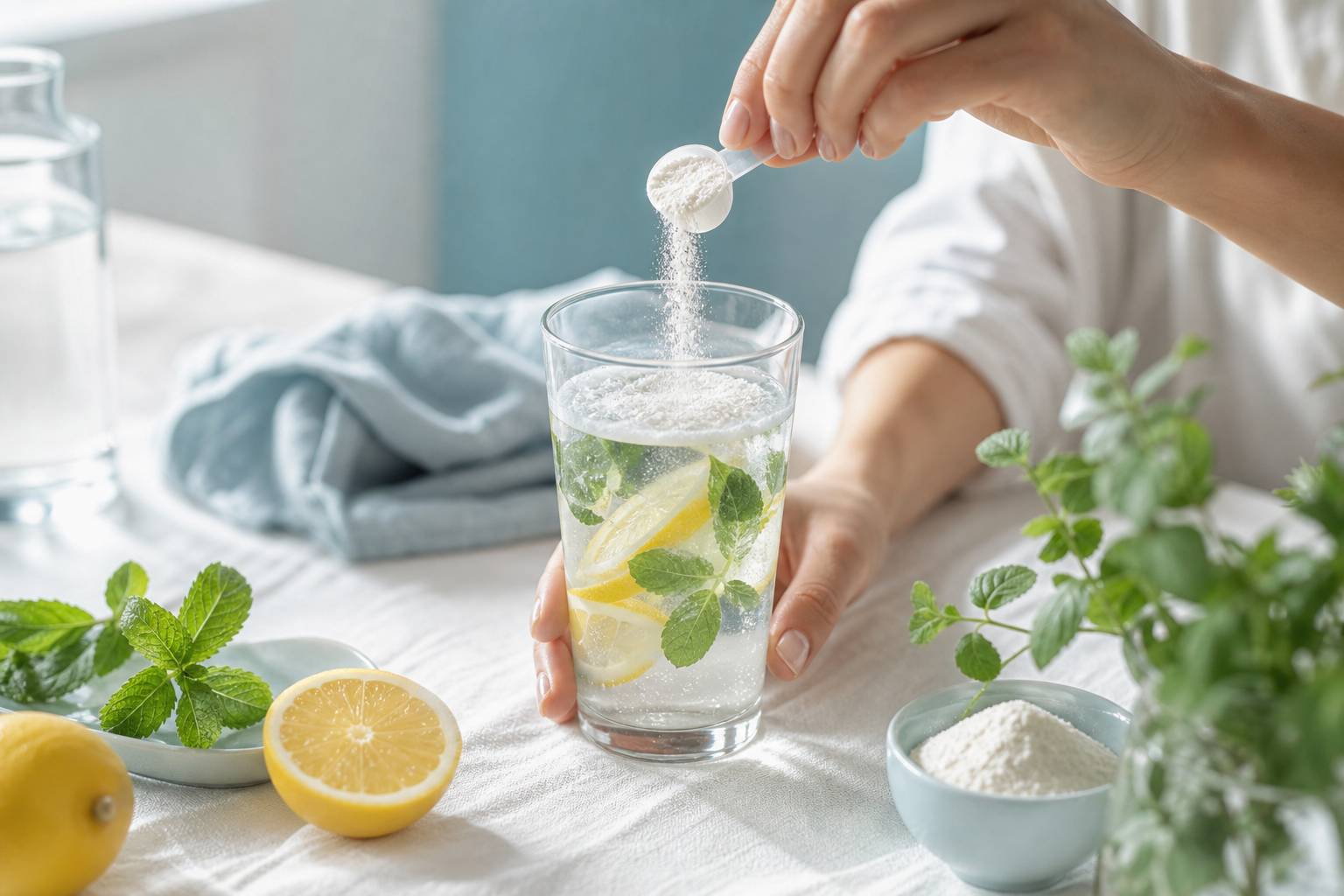 Main versant poudre de complément alimentaire dans un verre d'eau infusée de citron et menthe