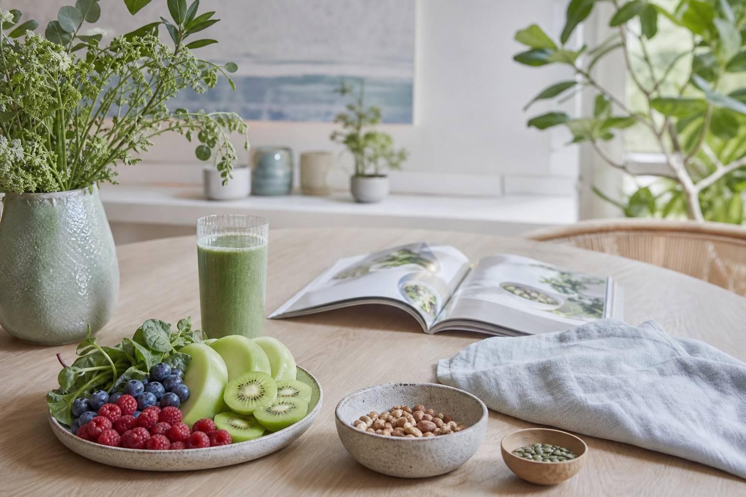 Table de cuisine avec fruits frais, légumes colorés, magazine nutrition et smoothie vert