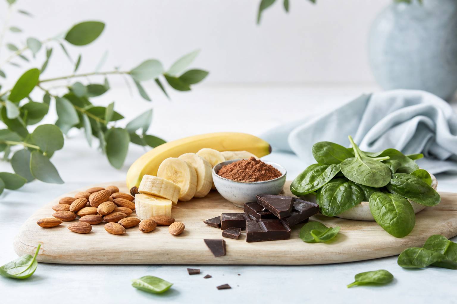 Aliments riches en magnesium amandes bananes cacao epinards planche bois
