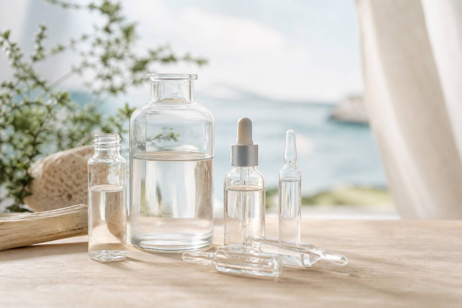 Ampoules en verre de solution Quinton sur une table en bois, ambiance marine naturelle