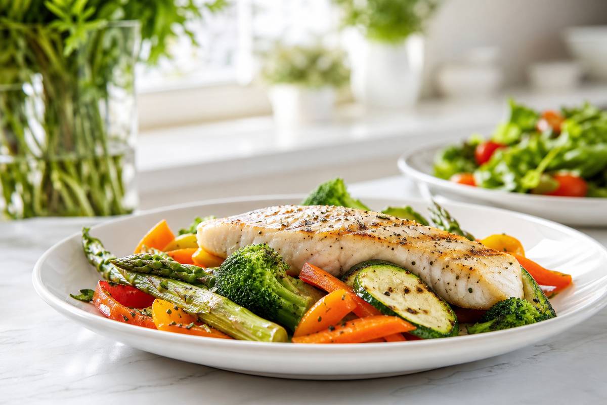 Assiette de légumes grillés et poisson représentation d une alimentation saine équilibrée