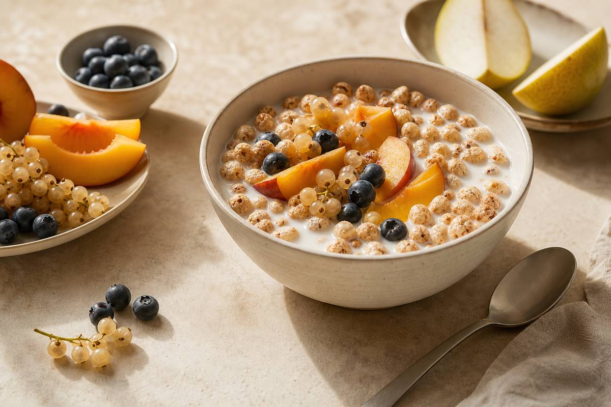 Bol de cereales soufflees croustillantes avec lait et fruits frais legerete