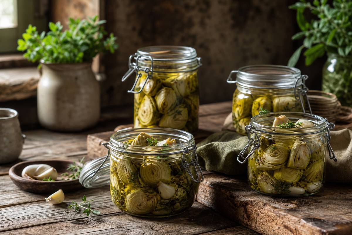 Bocaux en verre de cœurs d artichaut marinés avec herbes ail et huile d olive