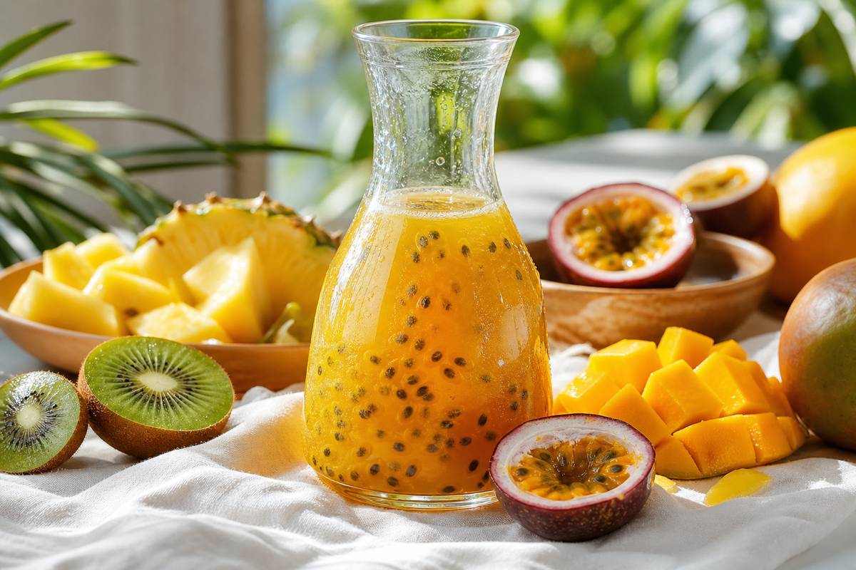 Carafe de jus de fruit de la passion avec pulpe et fruits tropicaux coupés sur nappe blanche