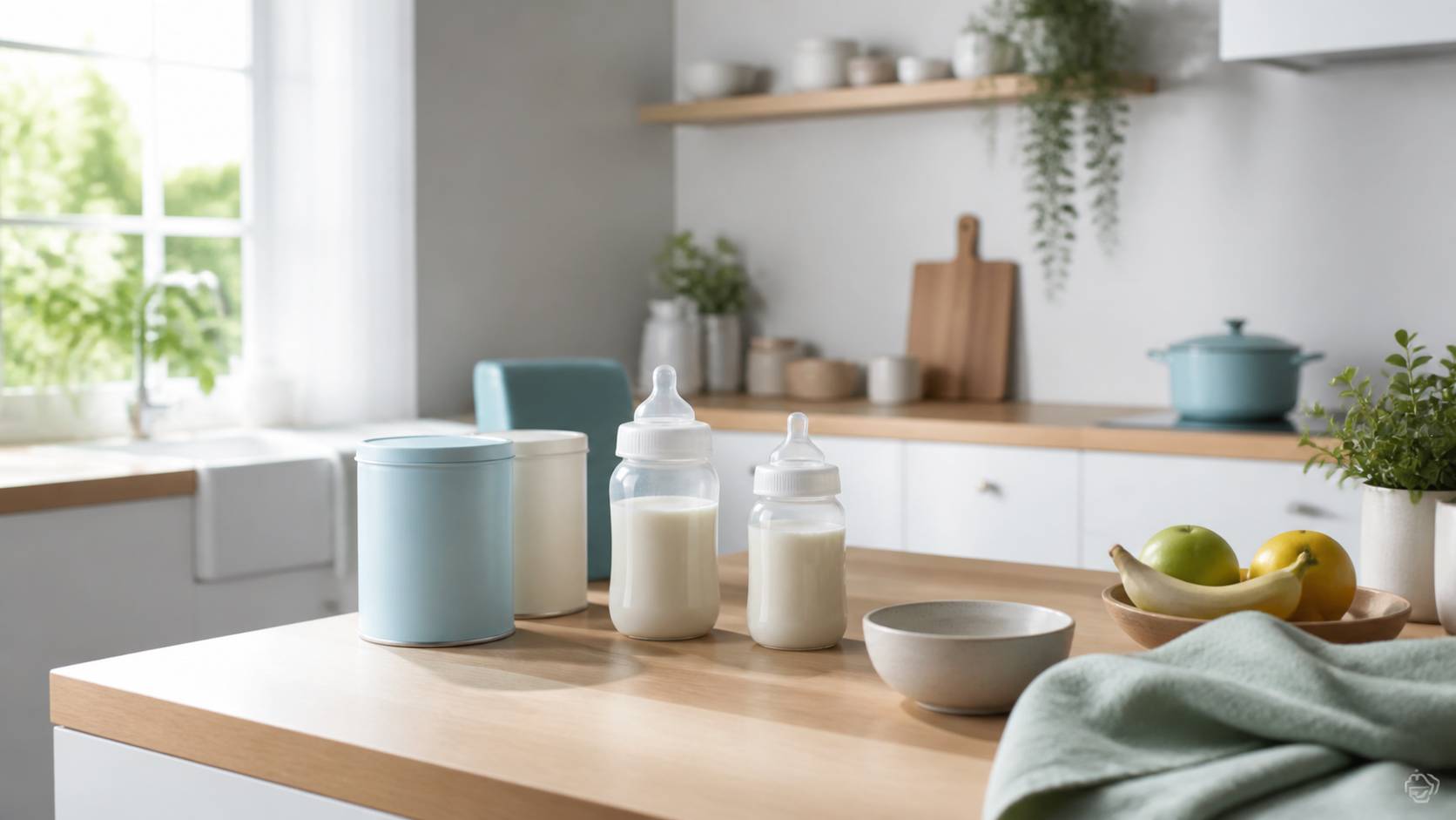 Biberons et lait infantile sur table de cuisine preparation bien choisir