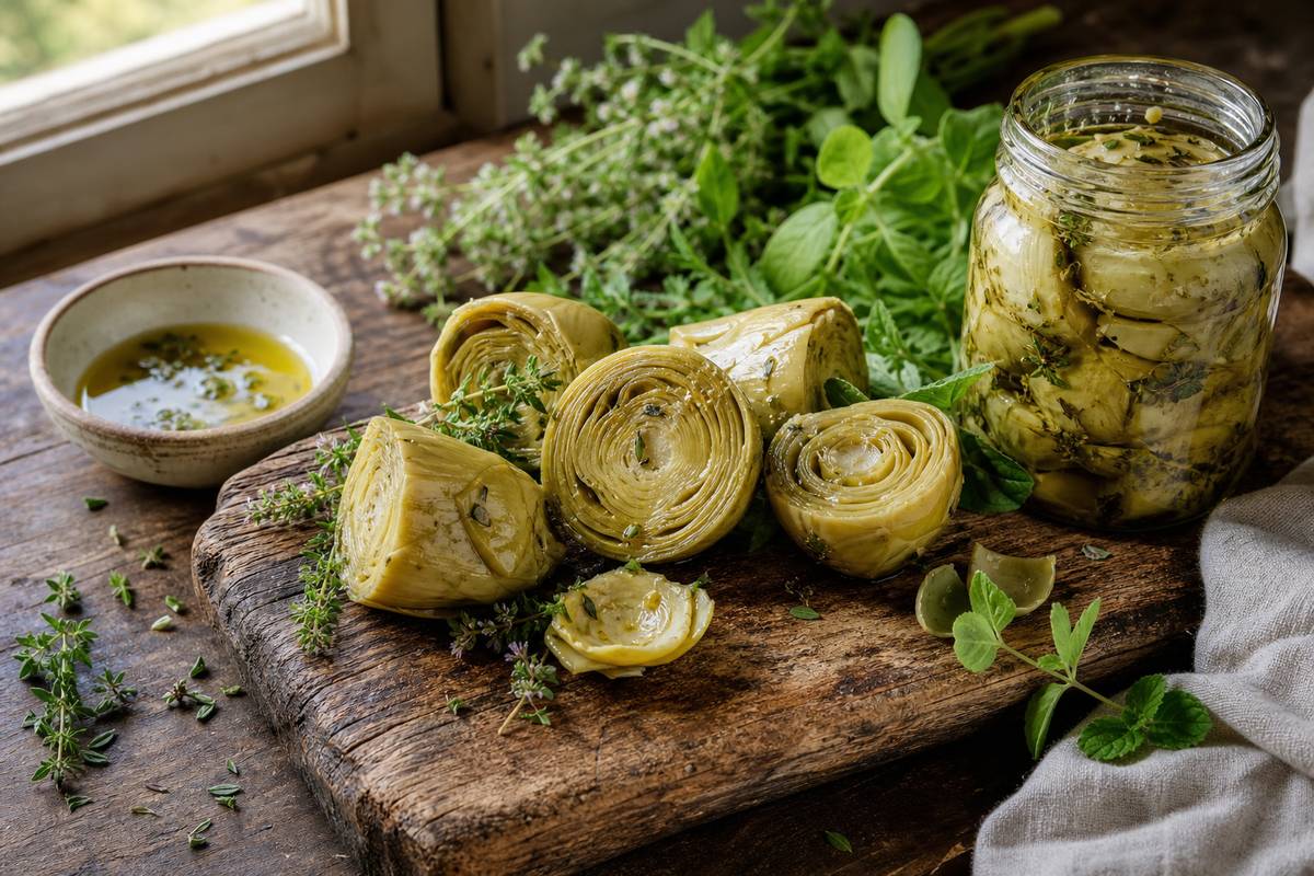Coeurs d artichaut frais sur planche en bois avec herbes huile d olive et bocal de conserve