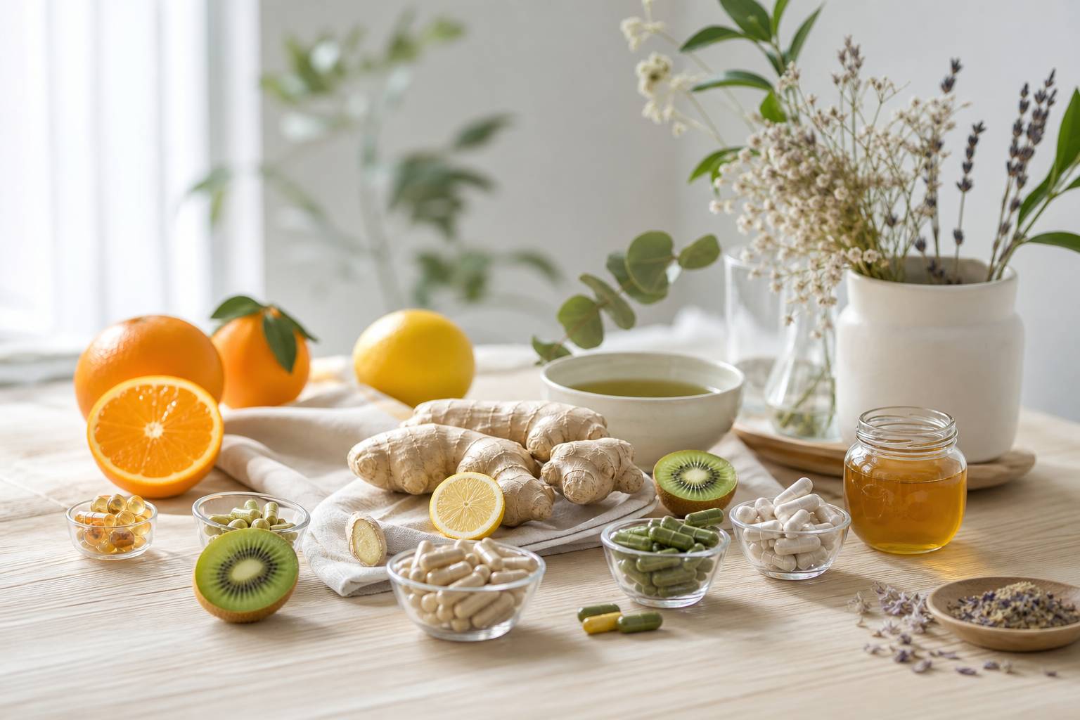 Compléments alimentaires naturels disposés avec fruits frais sur table en bois, ambiance bien-être