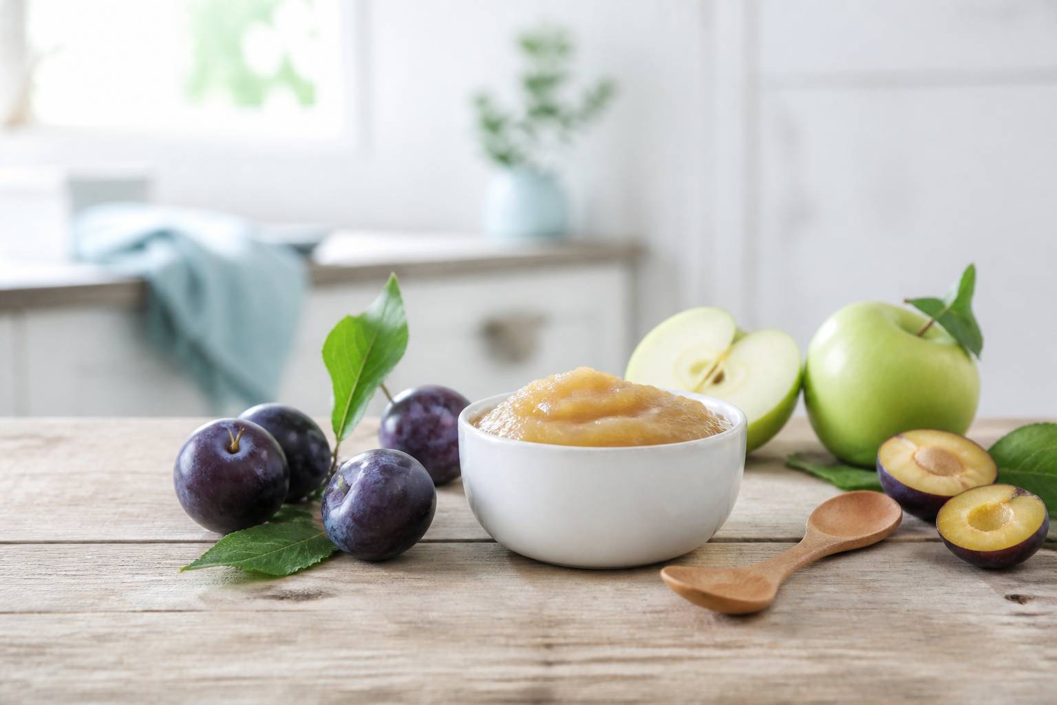 Compote maison artisanale dans un bol avec prunes et pommes fraîches