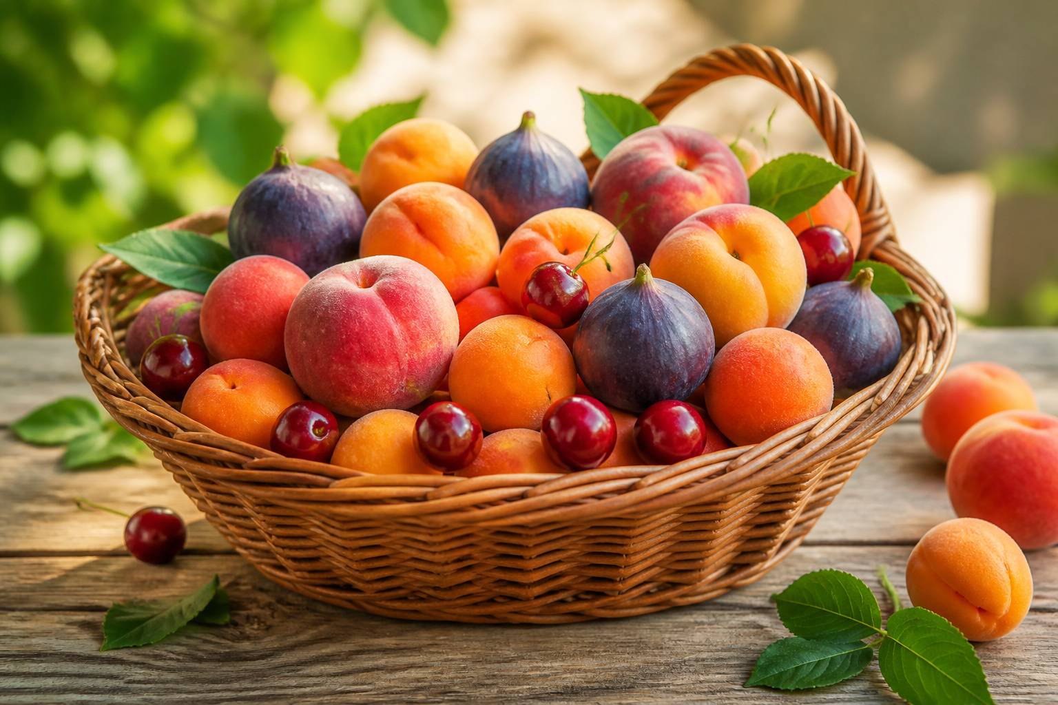 Corbeille de fruits frais de saison pêches abricots cerises en panier osier