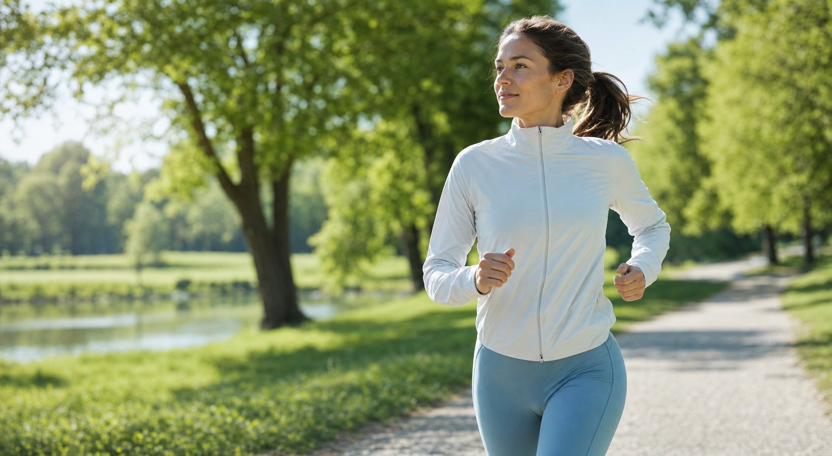Personne courant dans un parc ensoleille, bien-etre et energie positive