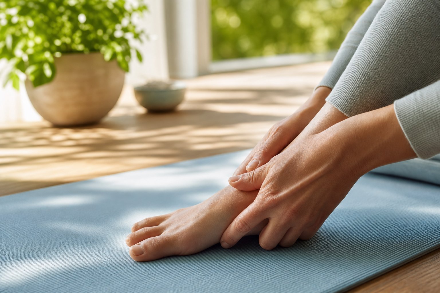 Exercices somatiques doux sur tapis de yoga, pratique de conscience corporelle