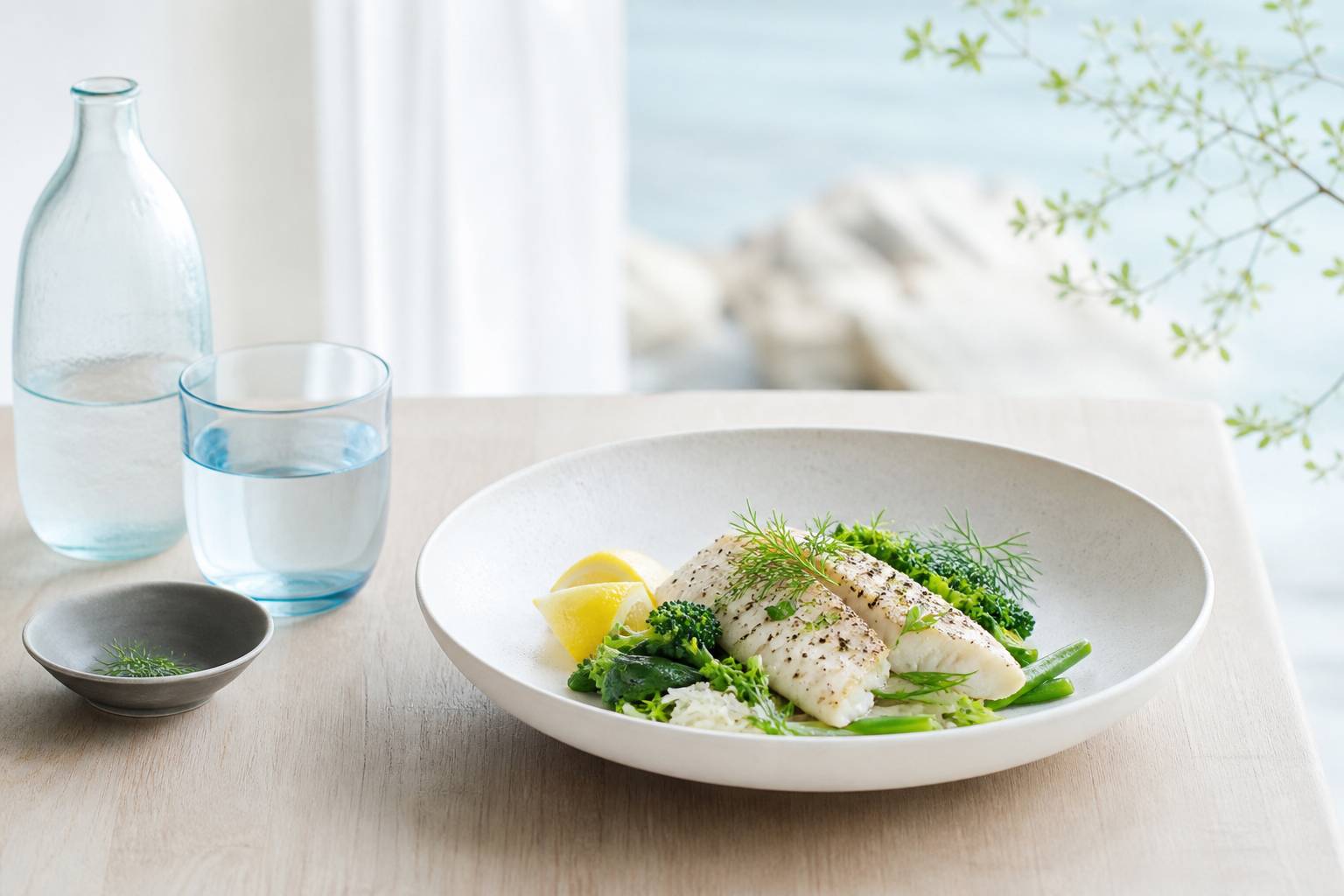 Filet de poisson blanc aux herbes fraiches citron et legumes verts vapeur