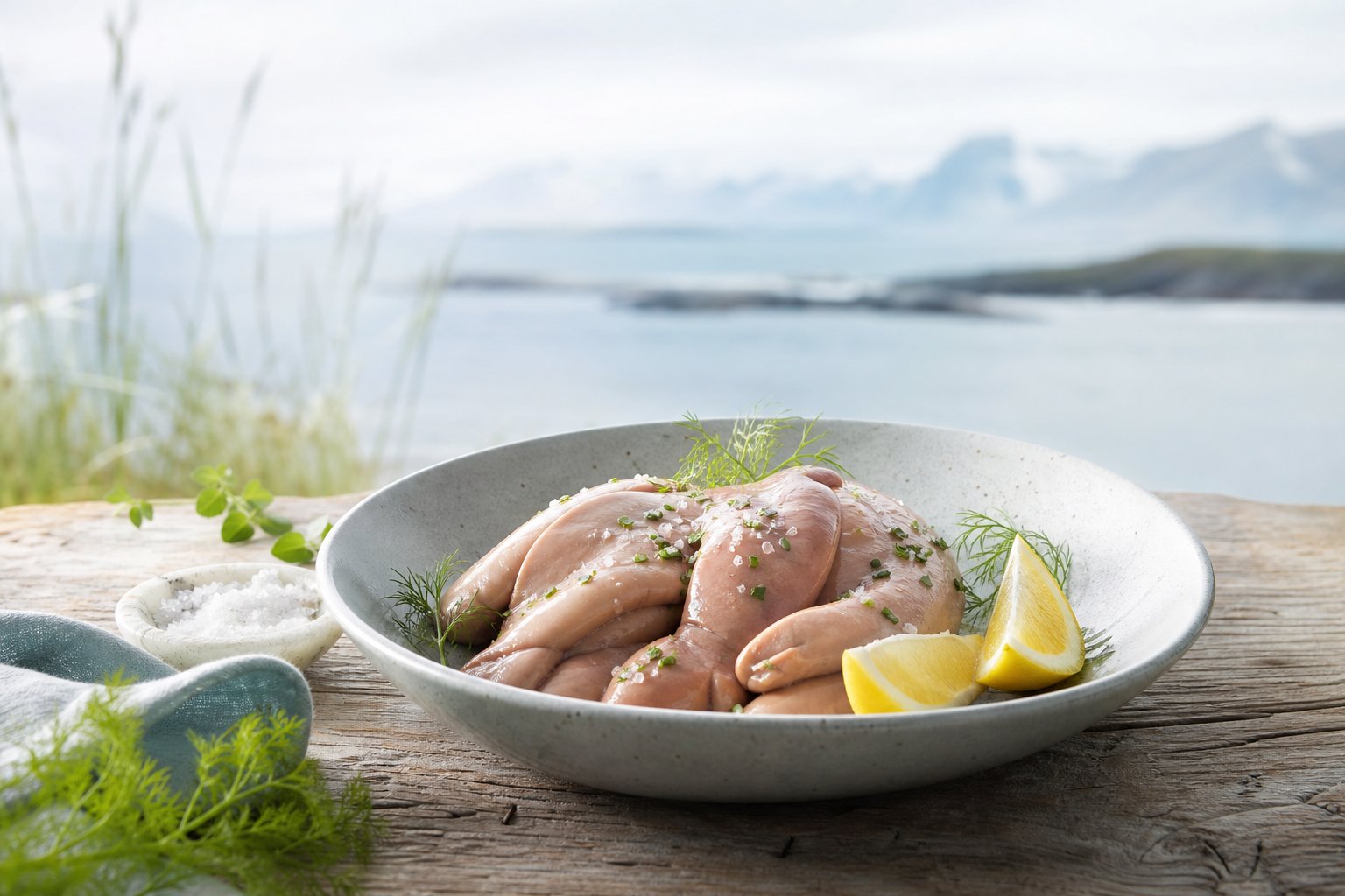 Foie de morue dans plat ceramique avec herbes et citron, superaliment nutritionnel