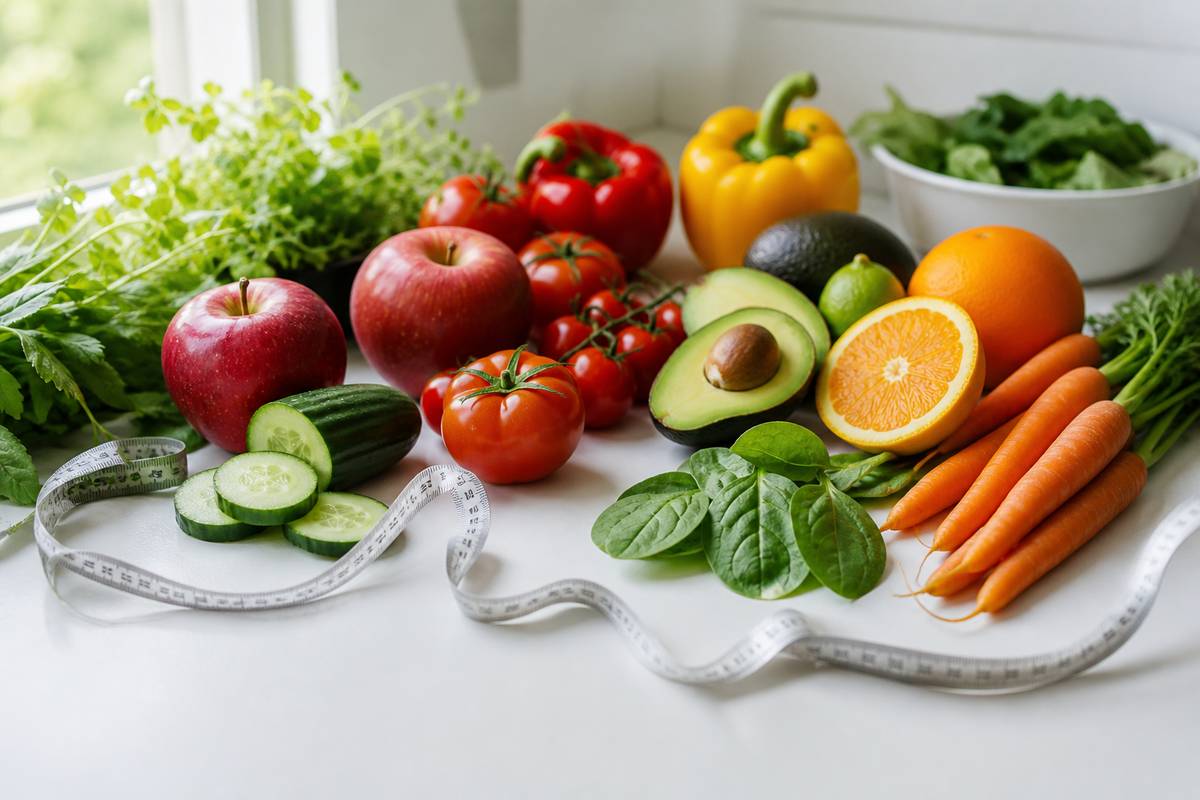 Fruits frais et légumes disposés artistiquement avec mètre ruban gestion du poids