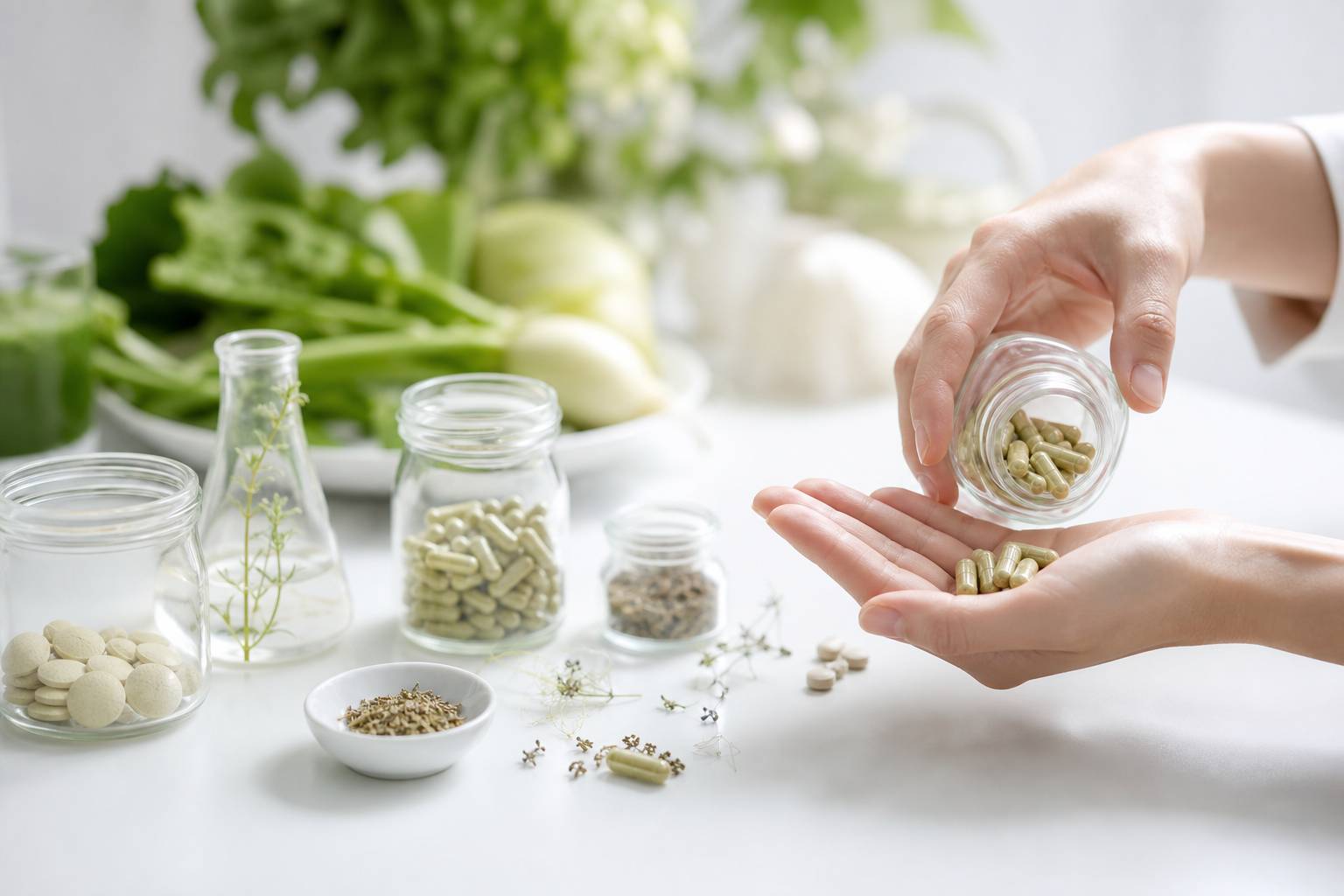 Gélules naturelles à base de plantes versées dans une main, fruits et légumes en fond