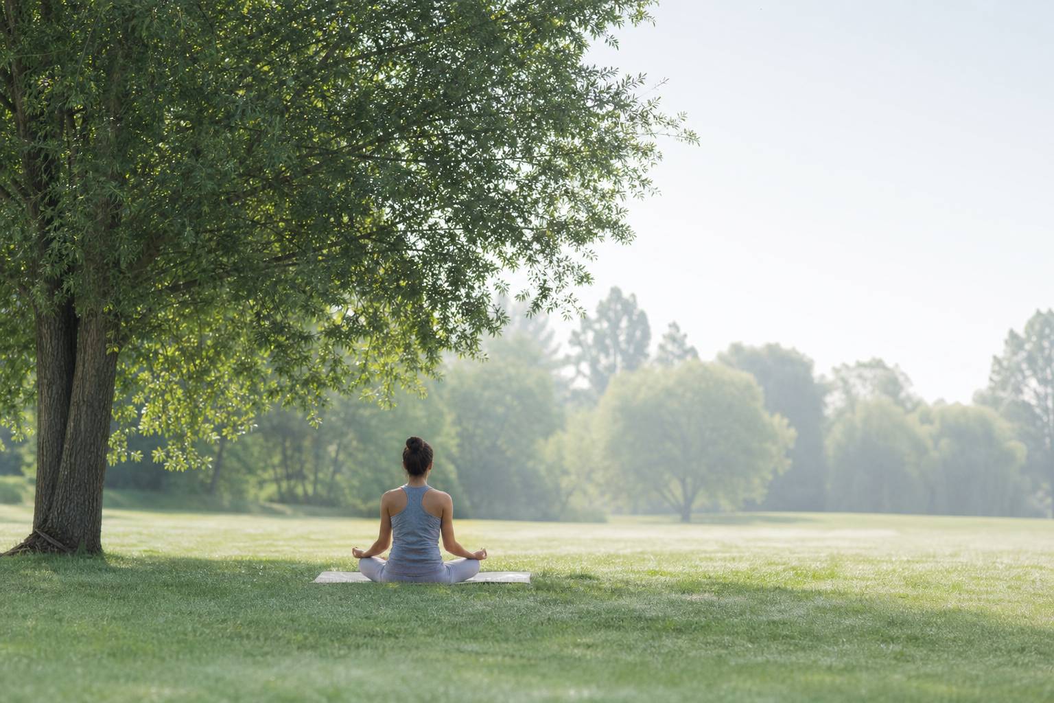 Personne en posture de méditation dans un jardin paisible pour gérer le stress