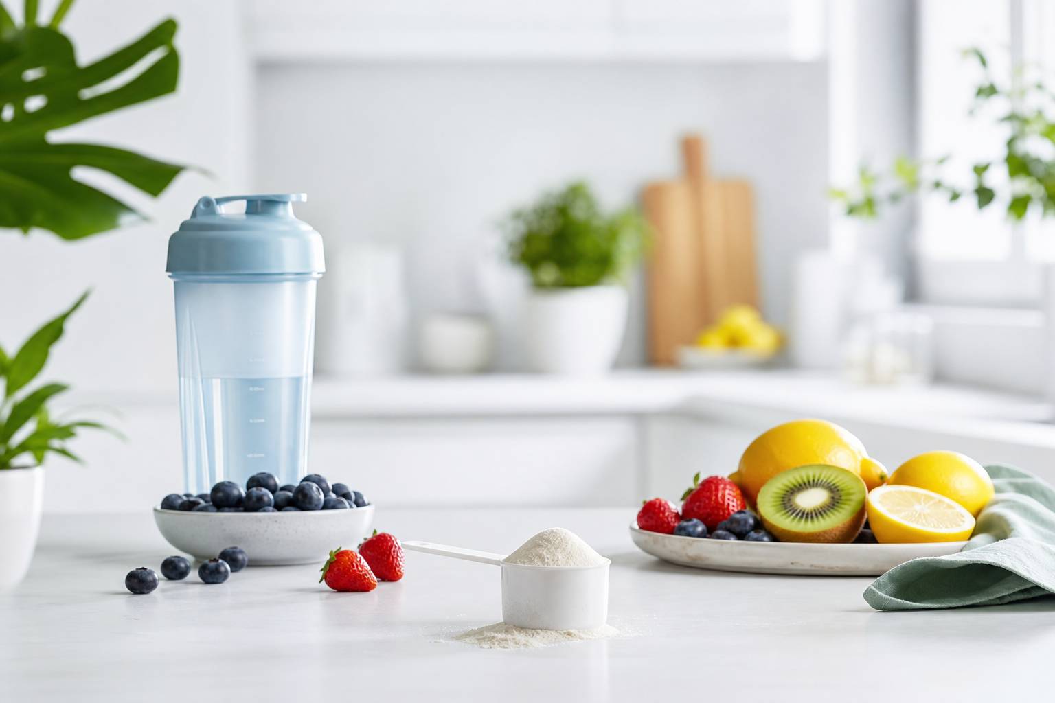 Complement de glutamine poudre blanche dans cuillere avec fruits frais