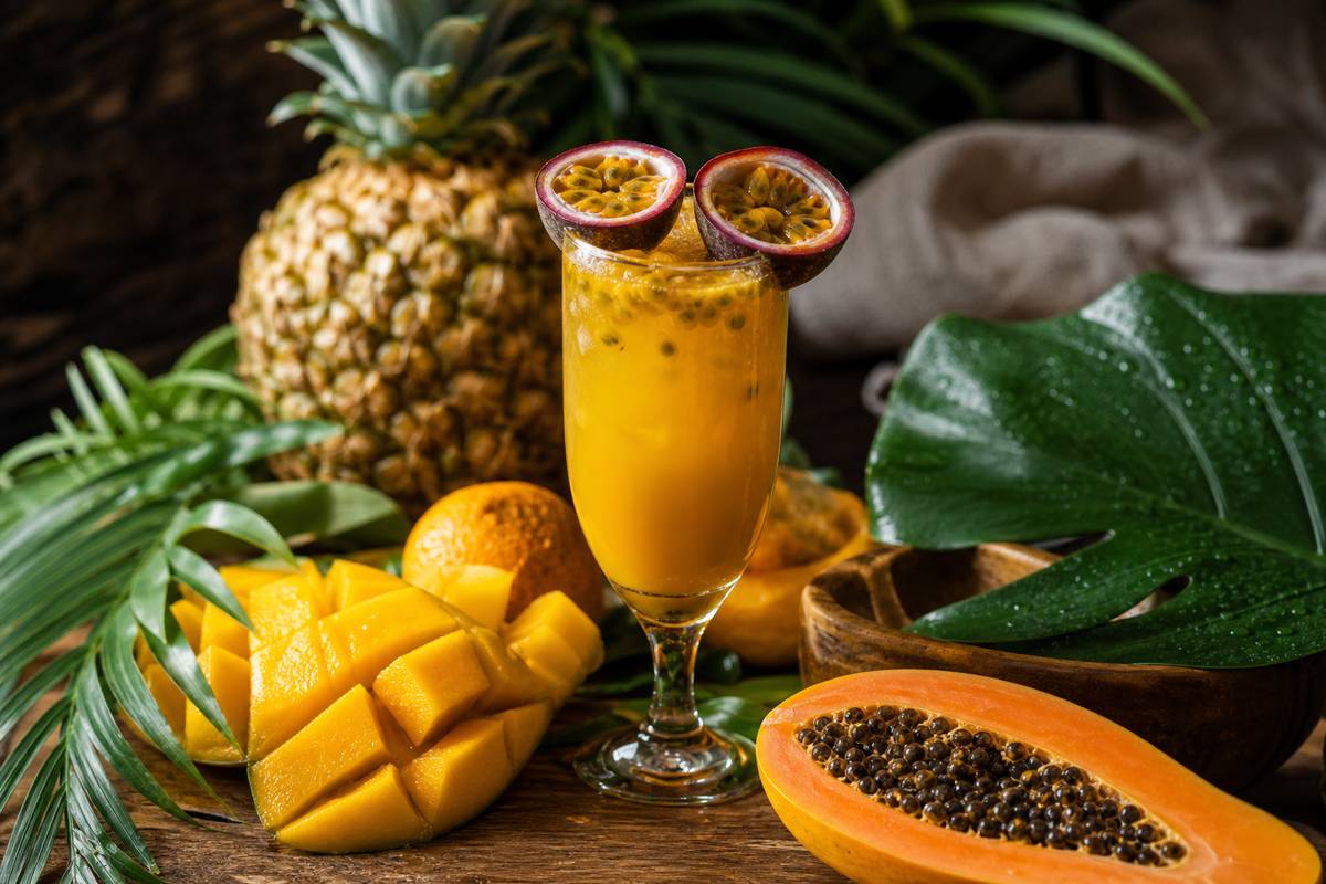 Verre élégant de jus de fruit de la passion avec fruits tropicaux frais sur table en bois