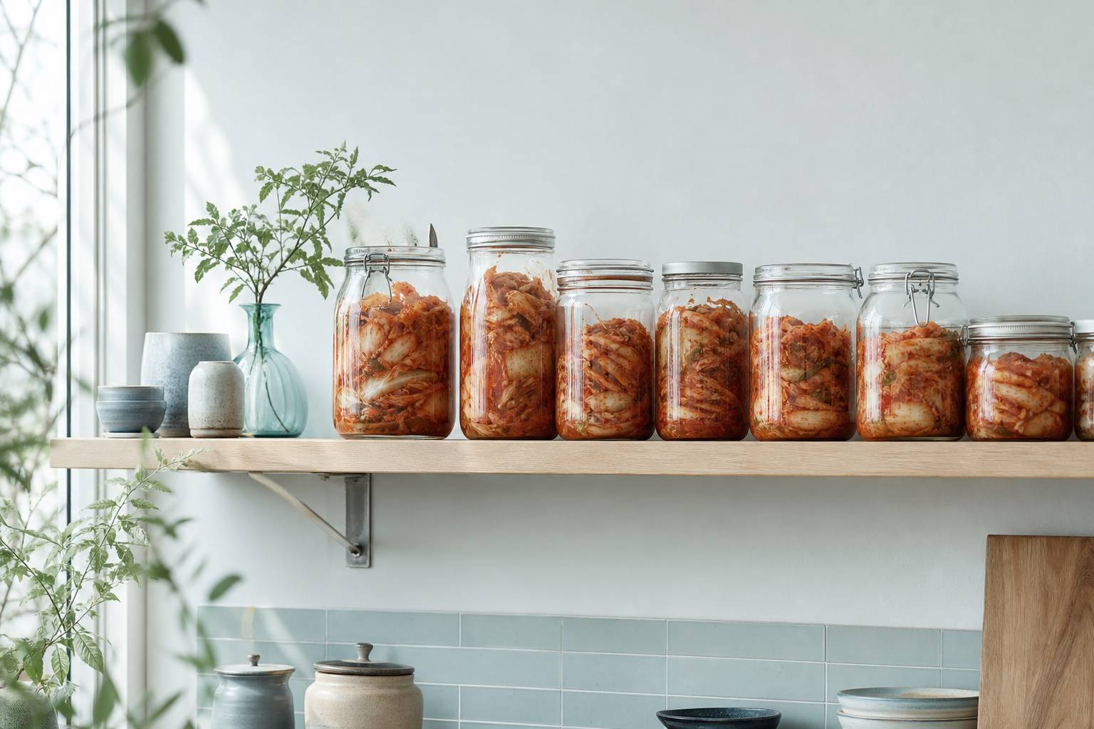 Pots de kimchi coreen fermentes ranges sur une etagere interieur cuisine