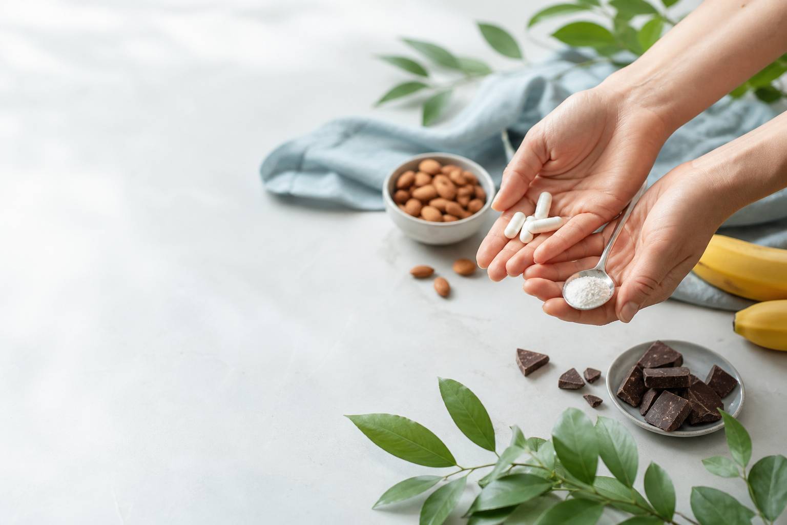 Magnesium complement mains tenant gelules avec aliments riches en magnesium