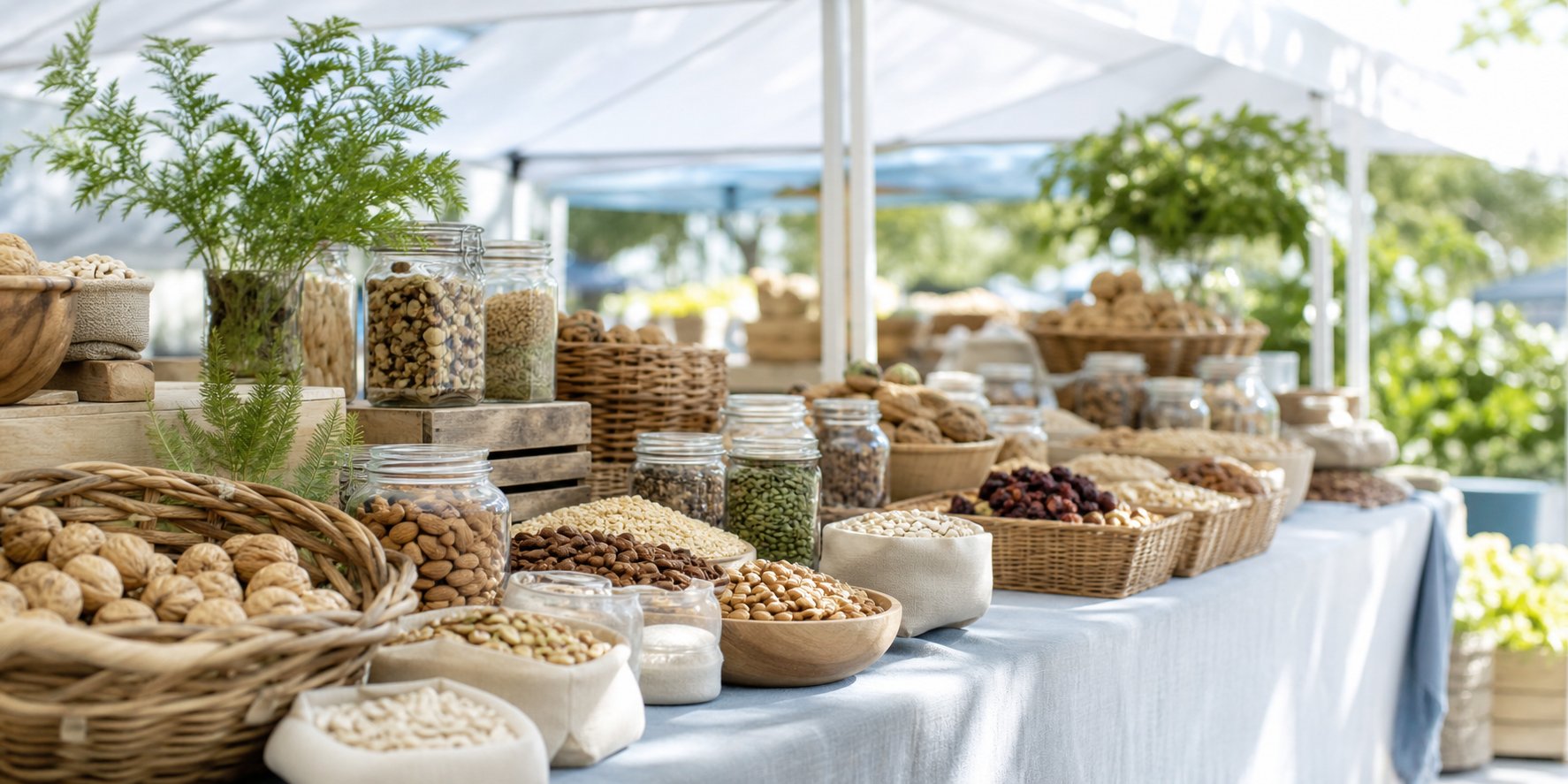 Marche fermier étals fruits secs noix amandes graines vrac paniers osier lumiere naturelle