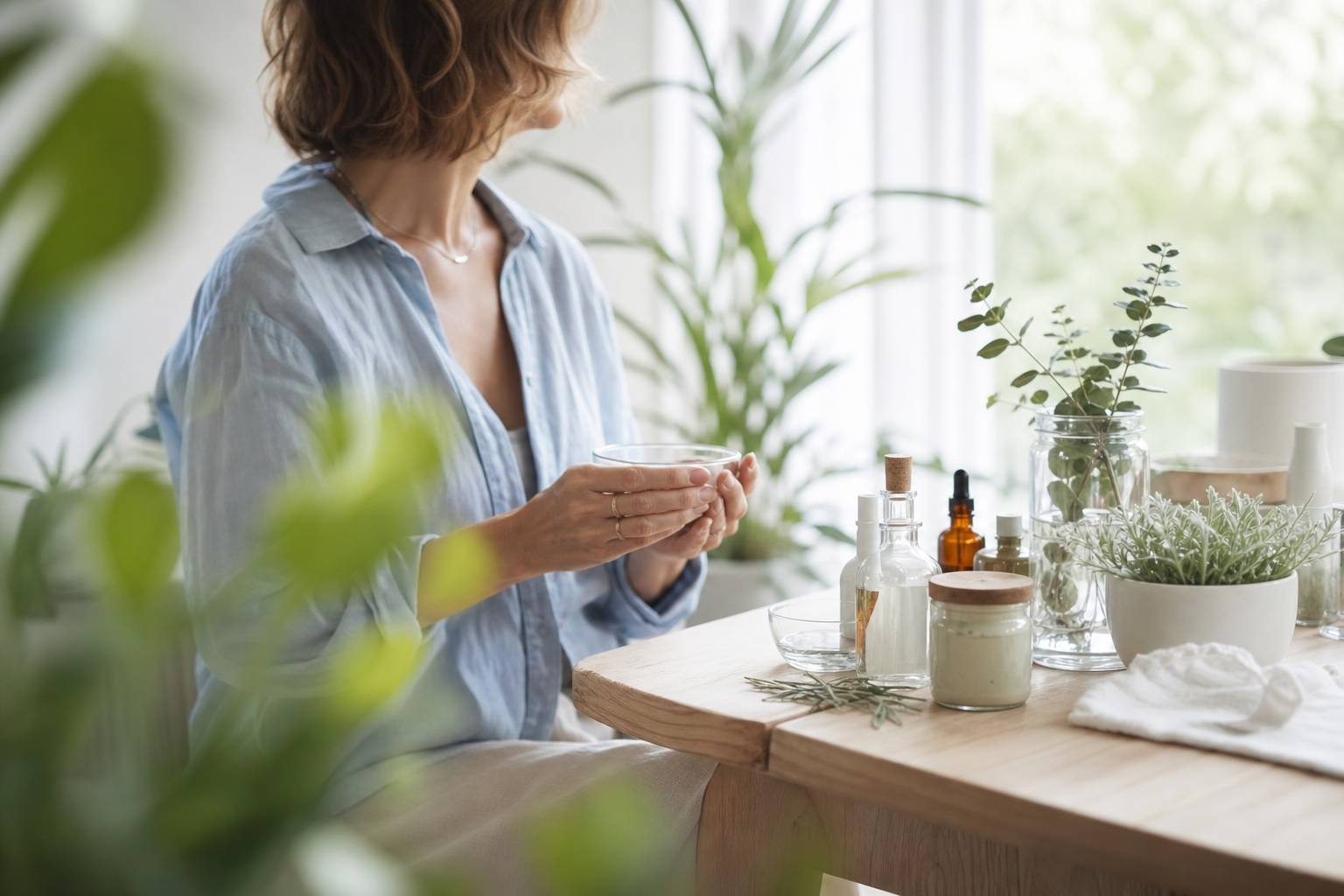 Femme age mur dans cadre naturel apaisant complements bien etre plantes vertes