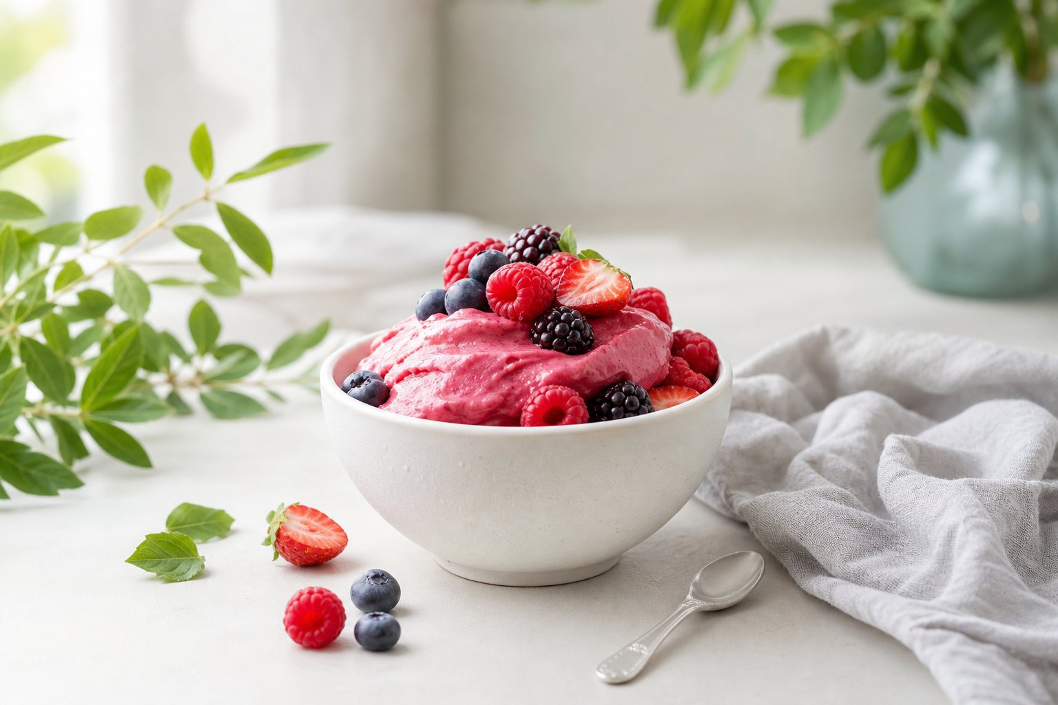 Glace vegetale aux fruits rouges dans un bol - delice frais gourmand