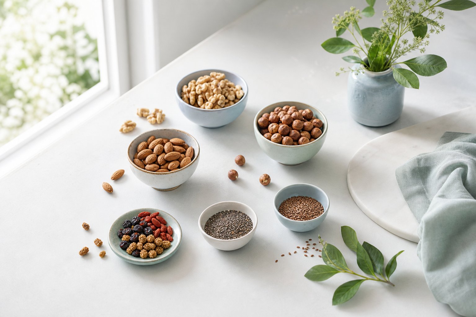 Noix amandes noisettes graines chia graines lin fruits secs bols ceramique alimentation saine