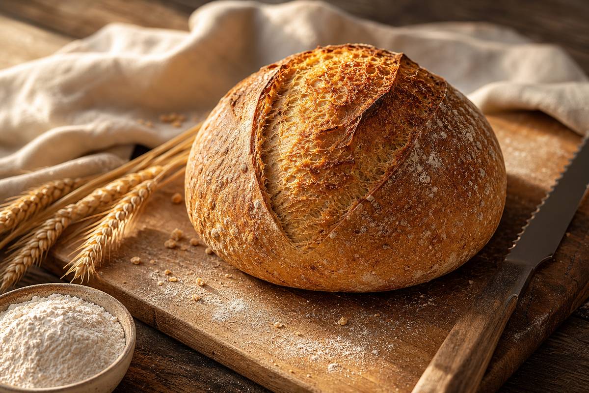 Pain de petit épeautre au levain fraîchement cuit sur planche en bois avec couteau à pain