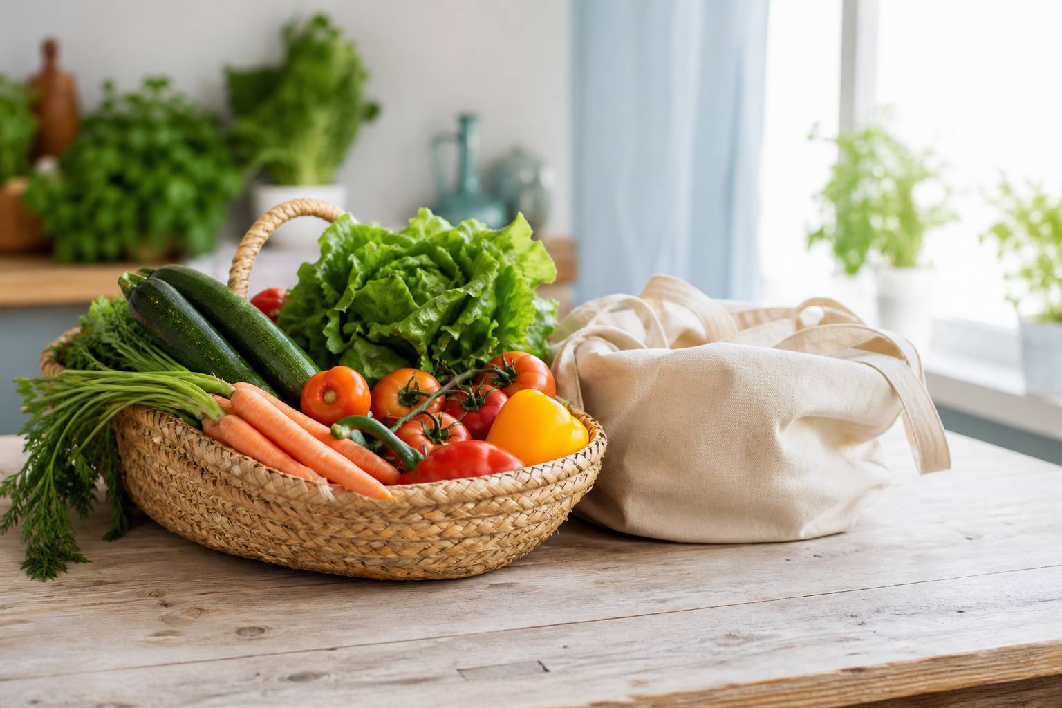 Panier de légumes frais de saison sur table en bois, alimentation durable et bio