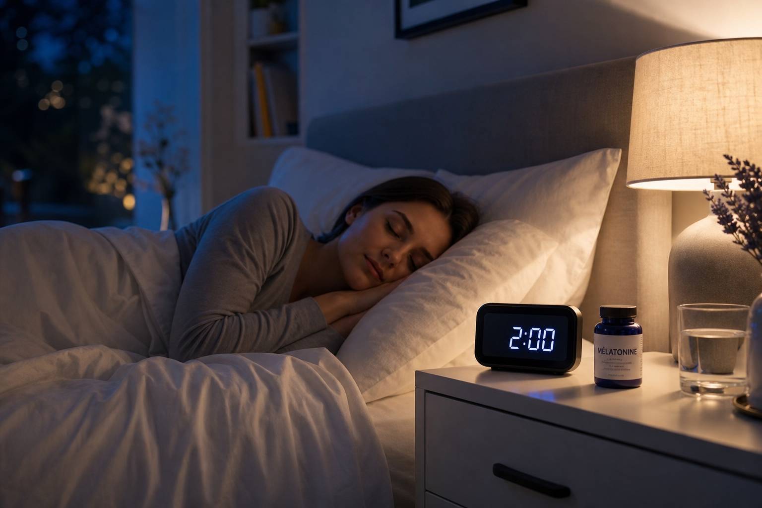 Personne dormant paisiblement avec un flacon de mélatonine pour le sommeil