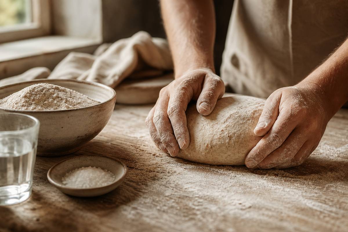 Mains pétrissant une pâte à pain au levain avec farine de petit épeautre sur plan de travail