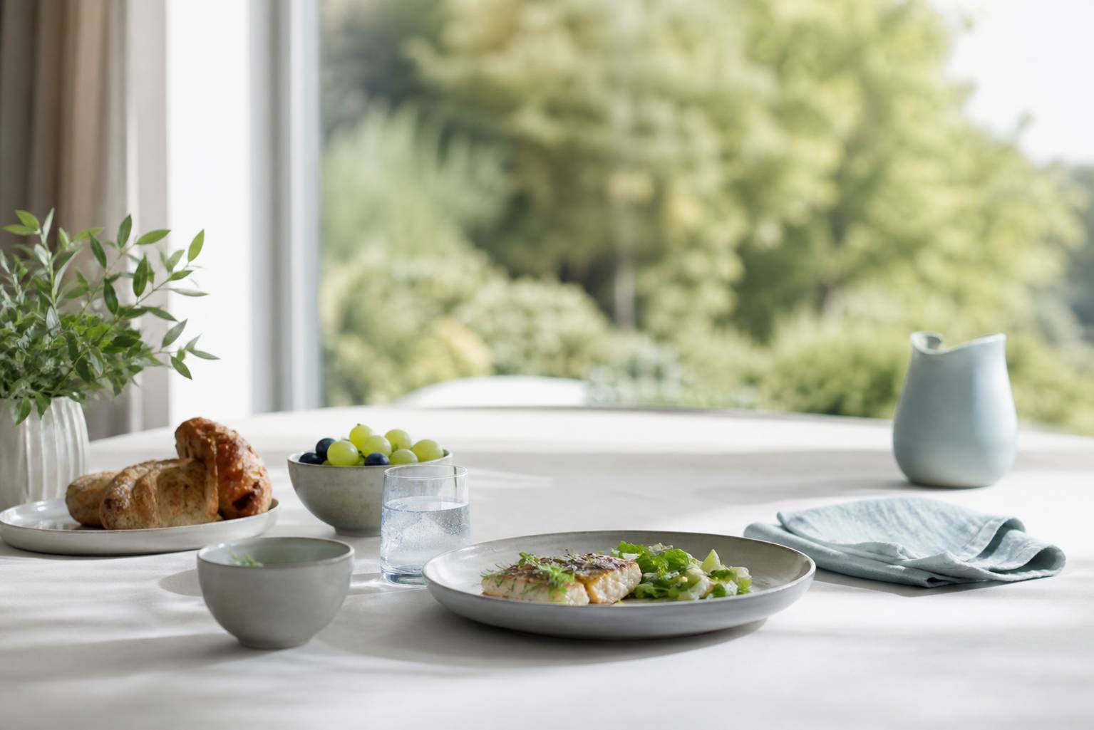 Table de petit dejeuner avec poisson grille aux herbes alimentation saine