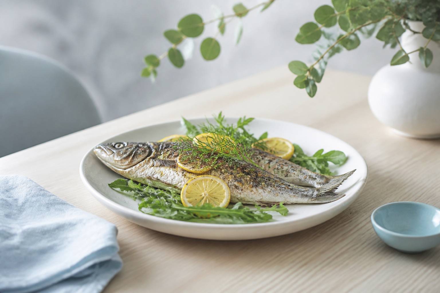 Poisson grille aux herbes et citron sur roquette alimentation saine equilibree