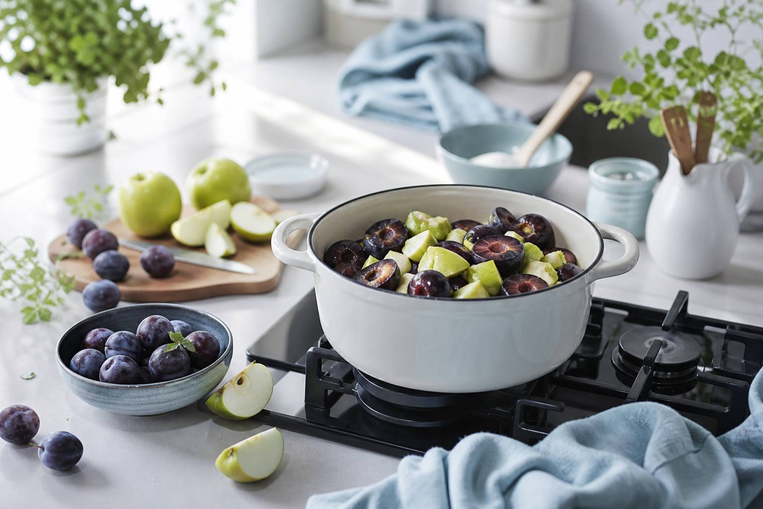 Préparation de compote maison avec prunes violettes et pommes vertes