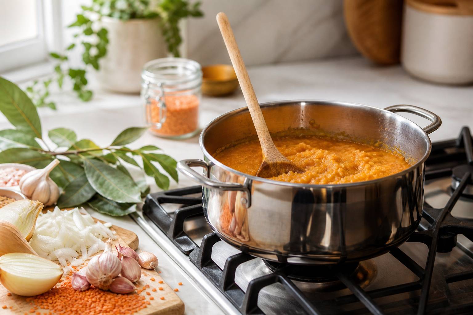 Préparation de purée de lentilles corail dans une casserole avec ail et laurier