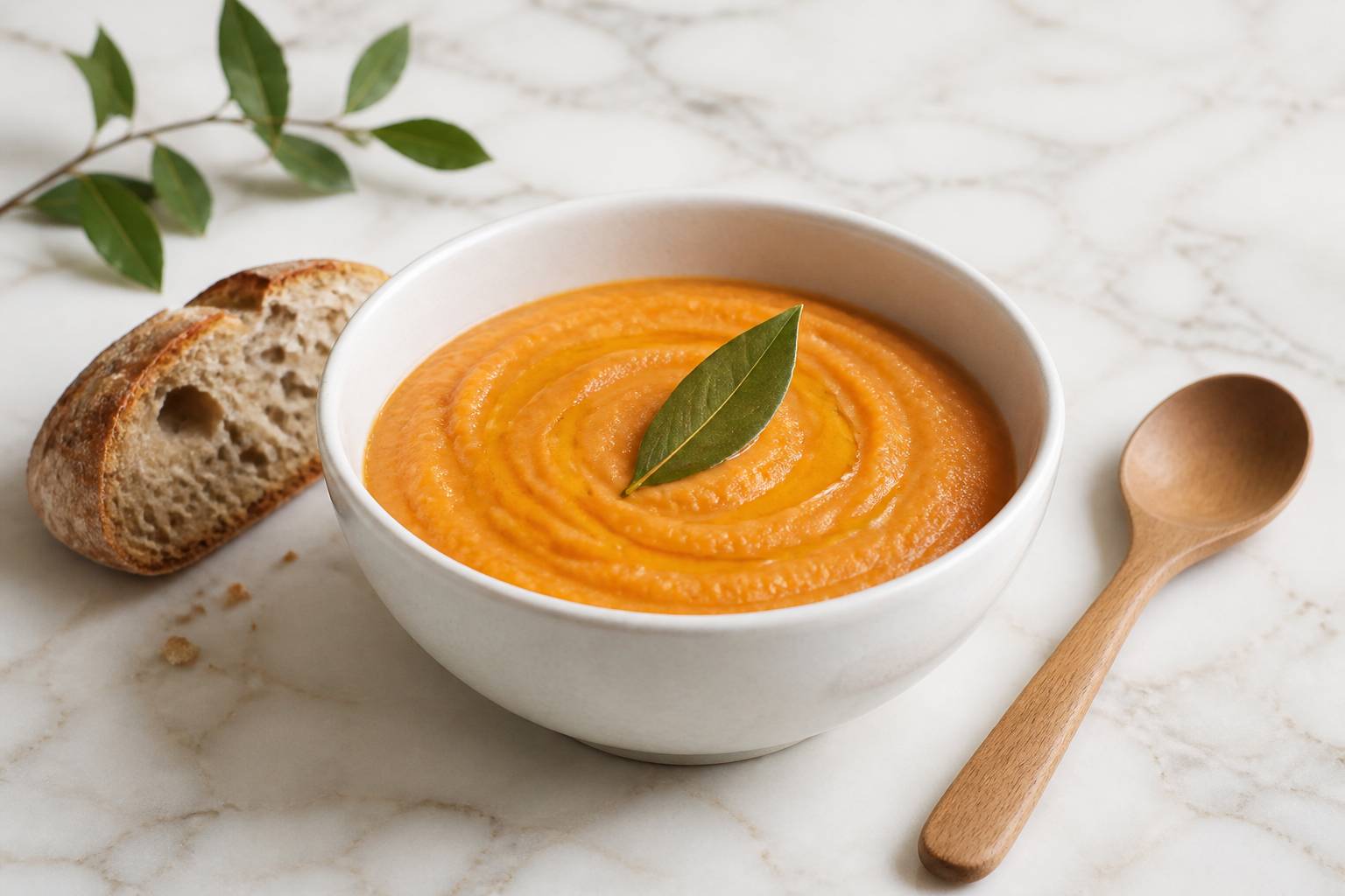 Bol de purée de lentilles corail onctueuse garnie de laurier et d'huile d'olive