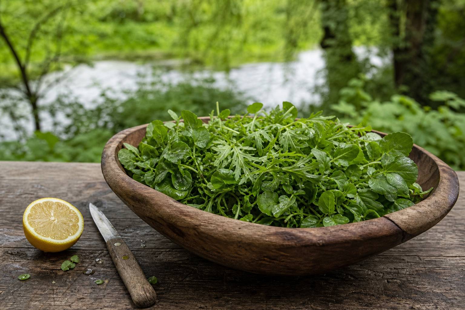 Saladier bois rempli de differentes varietes de cresson frais avec citron et couteau