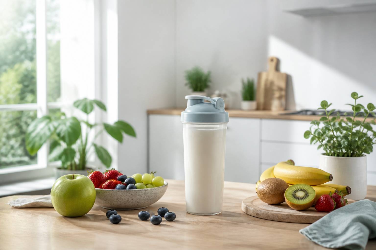 Shaker de proteines et fruits sur table bois clair nutrition sportive