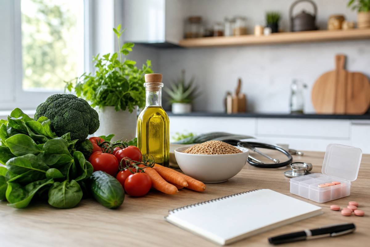 Table de cuisine avec légumes frais huile d olive et médicaments pour alternative aux statines