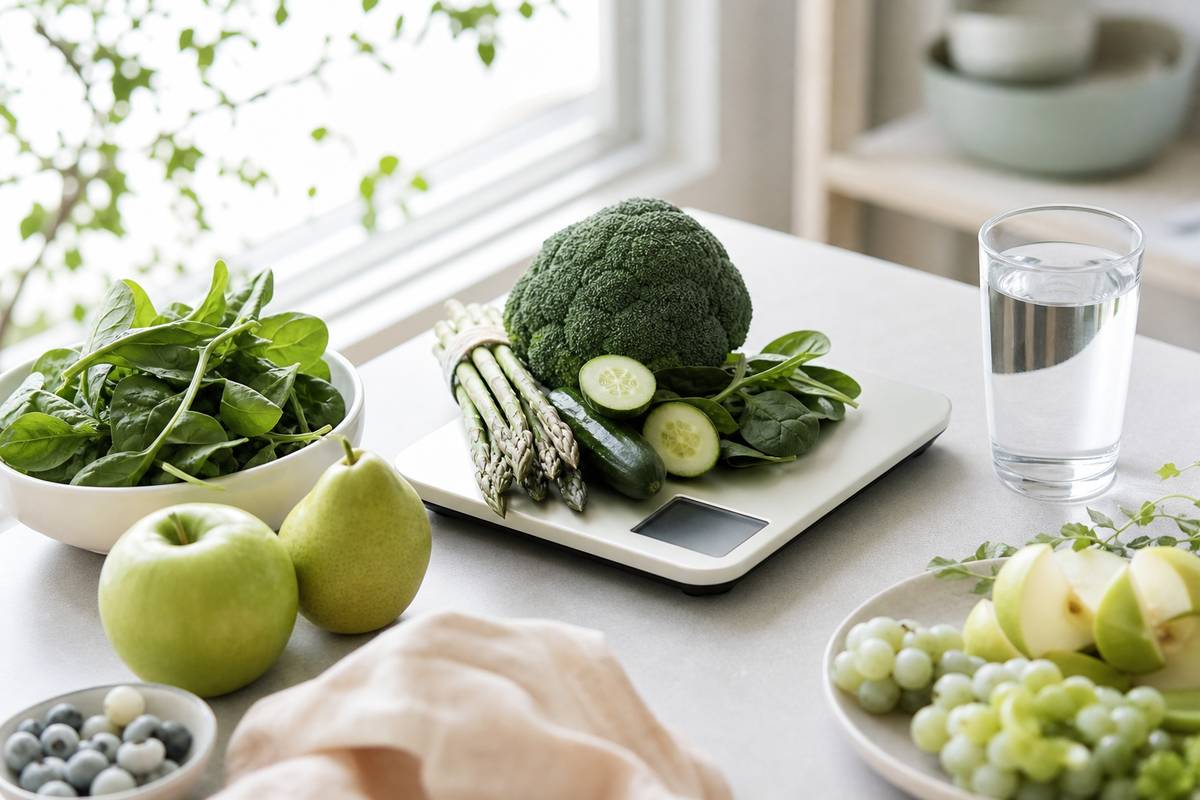 Balance de cuisine avec légumes verts fruits et verre d eau pour gestion du poids