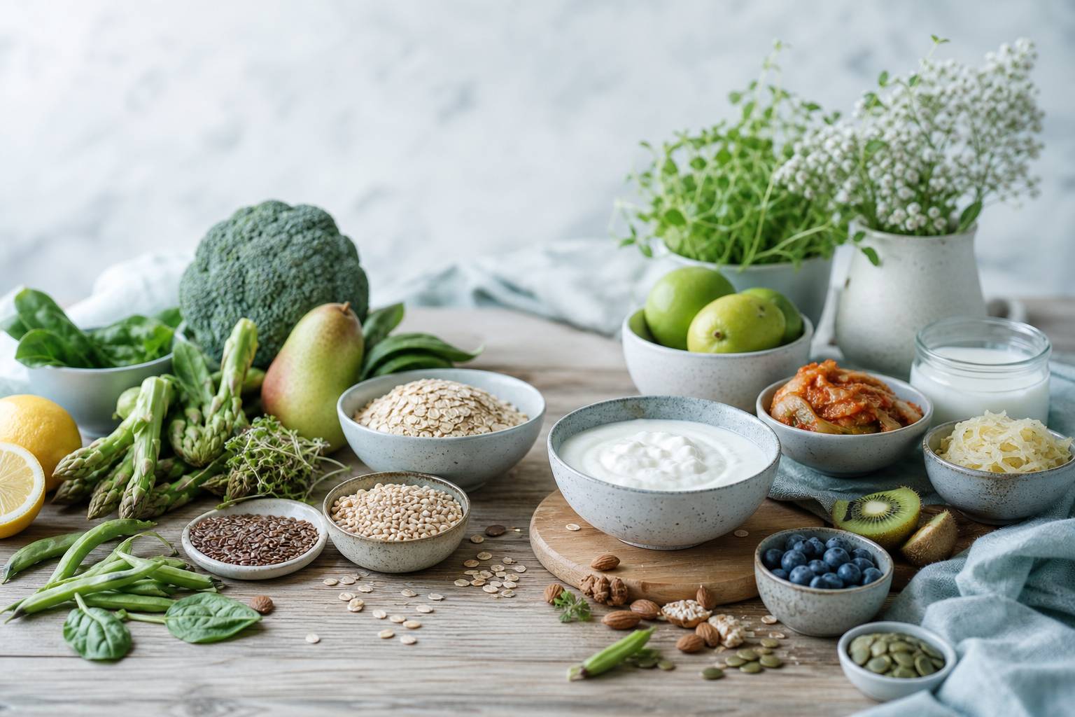 Aliments prebiotiques et probiotiques sur une table en bois naturel