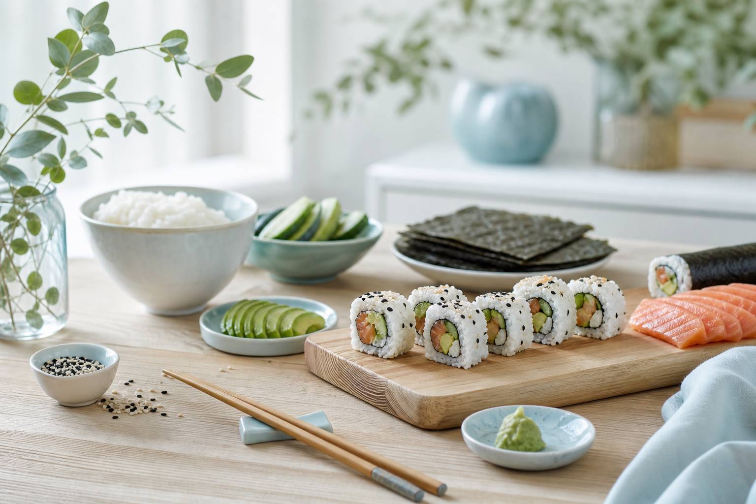 Sushis faits maison fraichement prepares avec saumon avocat et wasabi