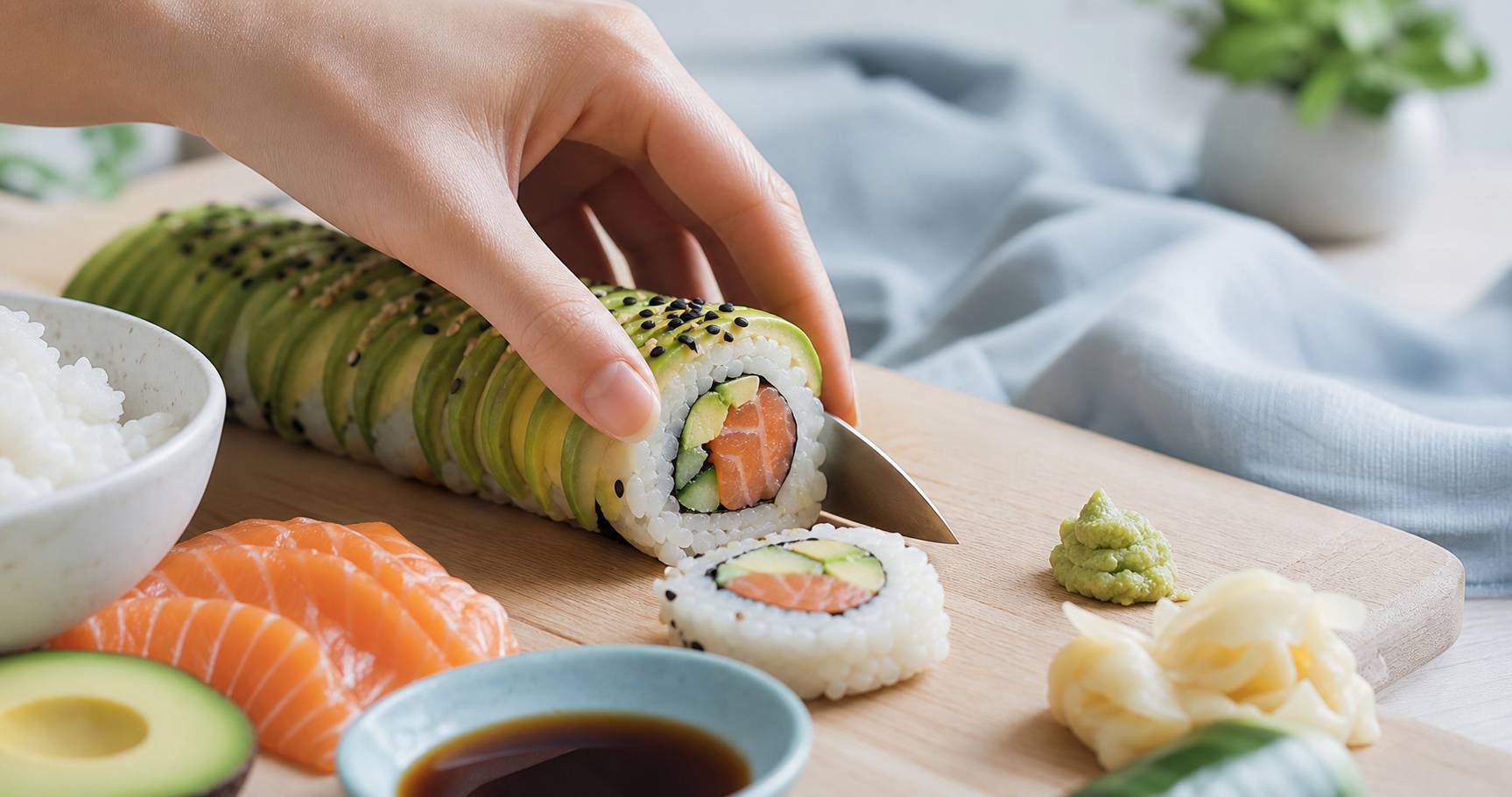 Decoupe de rouleaux de sushi maison sur une planche en bois